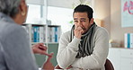 Blowing nose, man and consultation with doctor at clinic for flu symptoms, advice and viral infection. Healthcare, work and person with tissue by GP for medical, evaluation or treatment of LB.1 covid