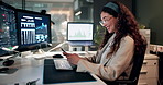 Woman, computer and happy for data analysis, trading and night with client, business or investment. Broker, research and screen with communication for stock market, finance or portfolio management