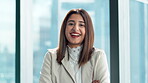 Business woman, face and happy as confident in office or corporate with arms crossed as investment banker. Female person, smile and portrait in financial agency for equity, stocks and finance in UK
