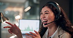 Woman, trading call centre and conversation in office, financial advisor and customer support for crypto. Person, speaking and computer for online faq chat in workplace, stock market and consultation