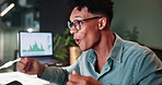 Trader, computer and celebration for trading, winning and night with client, business or investment. Man, success and achievement with cryptocurrency for stock market, finance profit or data analysis