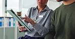 Doctor, patient and hands with tablet, results and man with discussion about treatment consultation. Telehealth, tech and mature healthcare consultant with conversation about surgery and medical care