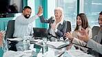 Applause, high five and business people in office for meeting with deal, partnership or agreement. Clapping, diversity and group of professional creative designers celebrating for goal in workplace