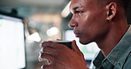 Thinking, business and coffee with person in office for planning, idea and research broker. Risk management, report and online with employee in digital agency at night for web, list and solution