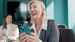 Laughing, phone or mature businesswoman in meeting with meme joke for message, social media and chat. Finance consultant, happy or financial advisor reading news on mobile app for funny distraction