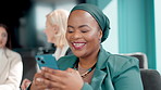 Laughing, phone and businesswoman texting in meeting with meme joke for message, social media and chat. Finance consultant, smile and financial advisor reading on mobile app for funny distraction