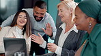 Group, wave and meeting in boardroom, video call and laptop for communication, greeting and client. Office, collaboration and people in conference, planning and talking on web and insurance firm