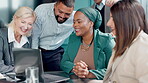 Discussion, group and meeting in boardroom, video call and laptop for communication, smile and client. Office, collaboration and people in conference, planning and talking on web and insurance firm