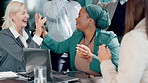 Celebration, high five and business people in office for meeting for success, partnership or agreement. Applause, diversity and group of professional creative designers clapping for goal in workplace