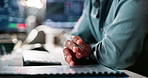 Thinking, business and pen with hand of person in office for planning, idea and research broker. Risk management, report and online with employee in digital agency at night for web, list and solution
