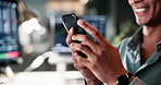 Man, hands and smartphone for trading, deal and happy with client, business and investment growth. Broker, research and smile with communication for stock market, finance or portfolio management