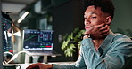 Business, tired trader and man on computer at night with stock market statistics and cryptocurrency trends. Burnout, trading and overworked in office with monitor investment graphs and data analysis