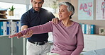 Arm, physiotherapy and stretching with old woman in office for rehabilitation, orthopedic advice or muscle exercise. Healthcare, wellness and medical with patient for consulting, recovery and healing