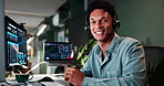 Man, trading call centre and face in office, financial advisor and customer support for crypto. Male person, portrait and computer for online faq chat in workplace, stock market and consultation