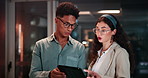 Office, night and people with tablet in discussion for business finance, investment and update. Trading, woman and man in conversation with tech for crypto, news and report on digital currency price