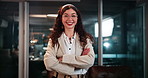 Night, office and face of businesswoman with arms crossed for investing company, career and ambition. Happy, trader and employee with smile at work for financial job, pride or confidence in Singapore