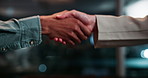 Handshake, thank you and welcome with people in office at night together for greeting or meeting. Agreement, business and deal with partners shaking hands in workplace for collaboration or teamwork