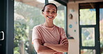 Fitness, crossed arms and face of woman for yoga in home studio for exercise, training and workout. Happy, sports and portrait of woman with wellness, health and smile for performance and endurance