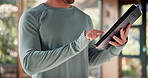 Fitness, coach and hands of man with tablet for workout, planning and digital schedule of lesson. Athlete, person and personal trainer with tech at gym for training, website and online exercise tips