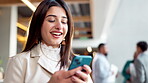Office, woman and happy with smartphone for email notification, text message and entertainment. Business person, professional and smile or laughing with social media post and comments with fun