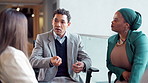 Business people, office and staff support counselor in circle for healing and workplace empathy workshop. Human resources, mental health help and conflict solution seminar with open communication