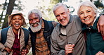 Face, senior or happy people hug in forest for outdoor adventure or journey for travel in nature or woods. Group, hiking or friends on vacation holiday for retirement, portrait or trekking to explore