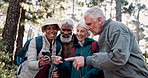 Hiking, laugh and people in nature with phone, journey and funny video on internet. Happy, mobile and friends in forest for streaming, comedy media or post on social networking app of fitness blooper