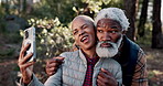 Funny, selfie and hiking with old couple in nature for adventure, social media and profile picture. Silly face, love and trekking with African man and woman in forest path for memory, support and hug