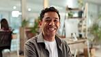 Design, face and laughing with employee man in creative workplace for small business startup. Funny, humor and portrait of happy designer in agency or artistic office for development and inspiration