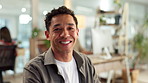 Design, face and funny with employee man in creative workplace for small business startup. Humor, laughing and portrait of happy designer in agency or artistic office for development and inspiration