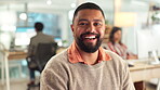 Face, laughing and smile with designer man in creative workplace for small business startup. Funny, humor and portrait of happy design employee in agency office for development and inspiration