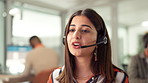 Customer service, communication and woman agent in office with crm, call center or inbound contact. Discussion, technical support and travel consultant with headset for online hospitality client.