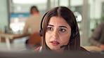 Call center, discussion and woman agent in office with crm service or inbound contact for help. Communication, technical support and female travel consultant with headset for customer experience.