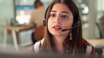 Call center, communication and woman agent in office with crm service or inbound contact for help. Discussion, technical support and female travel consultant with headset for customer experience.