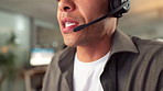 Call center, man and mouth talking on headset with time lapse, inbound consultation and query advice. Telemarketing, consultant and employee with microphone for customer service and technical support