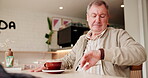 Elderly man, reading and cafe with watch for dining time, information and waiting for food. Senior person, relax and checking wrist at coffee shop for order, monitoring and delay in customer service