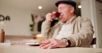 Hand, nervous and elderly man with coffee for thinking, planning and ideas for retirement plan. Anxiety, cappuccino and senior person tapping fingers in cafe waiting for pension payout for finance.