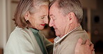 Elderly couple, happy and dance with care in home for marriage, love and bonding on anniversary. Man, woman and celebration with hug in house for connection, commitment and romance in retirement