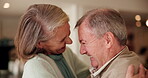 Happy, senior couple and dance with love in home for marriage, care or bonding on anniversary. Elderly man, woman and celebration with hug in house for commitment, romance or connection in retirement