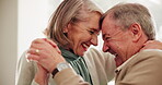 Senior couple, holding hands and dance with smile in home for marriage, bonding or love in retirement. Elderly woman, man and happy with hug in house for connection, commitment or anniversary romance