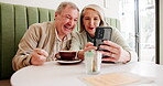 Senior couple, happy and selfie in cafe for love, marriage and social media together with connection. Elderly people, smile and memory in restaurant for relax, relationship and romance with bonding