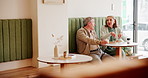 Breakfast, eating and senior couple in restaurant for bonding, conversation and relax together. Retirement, marriage and elderly man and woman in coffee shop, cafe or diner with food in morning