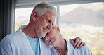 Hug, senior couple and morning in hotel with care, commitment and trust together from marriage. Relax, calm and people on anniversary with love, support and romance with weekend away in retirement