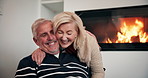 Love, hug and calm with old couple on sofa for romance, retirement and marriage milestone. Happiness, relax and commitment with senior man and woman in living room of home for peace and trust