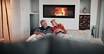 Love, relax and cuddle with old couple on sofa for romance, retirement and marriage milestone. Happiness, calm and commitment with senior man and woman in living room of home for peace and trust