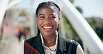 Outdoor, smile and face of black woman, laughing and excited for new job, morning and legal translator. Portrait, happy and person with ambition, professional and intern in law firm of Nigeria