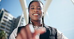 Business, black woman and pov of typing in city for message, text or notification on company email. Low angle, face and female worker outdoors with gesture for digital communication, schedule or info