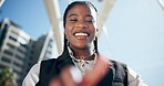 Corporate, black woman and pov of typing in city for message, text and business email notification. Low angle, face and female worker outdoors with gesture for digital communication, info or schedule