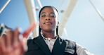 Business, black woman and pov of scroll in city for text, message or notification on company email. Low angle, face and female worker outdoors with gesture for digital communication, research or info