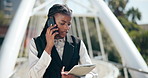 Business, phone call and black woman in city with tablet, planning and real estate agent in park. Discussion, businesswoman or realtor with smartphone, digital app and schedule for urban development